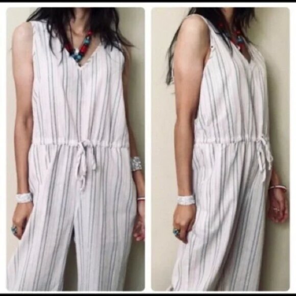 DREW Pants - Drew Anthropologie Linen Blend Vertical Striped Jumpsuit Size M
